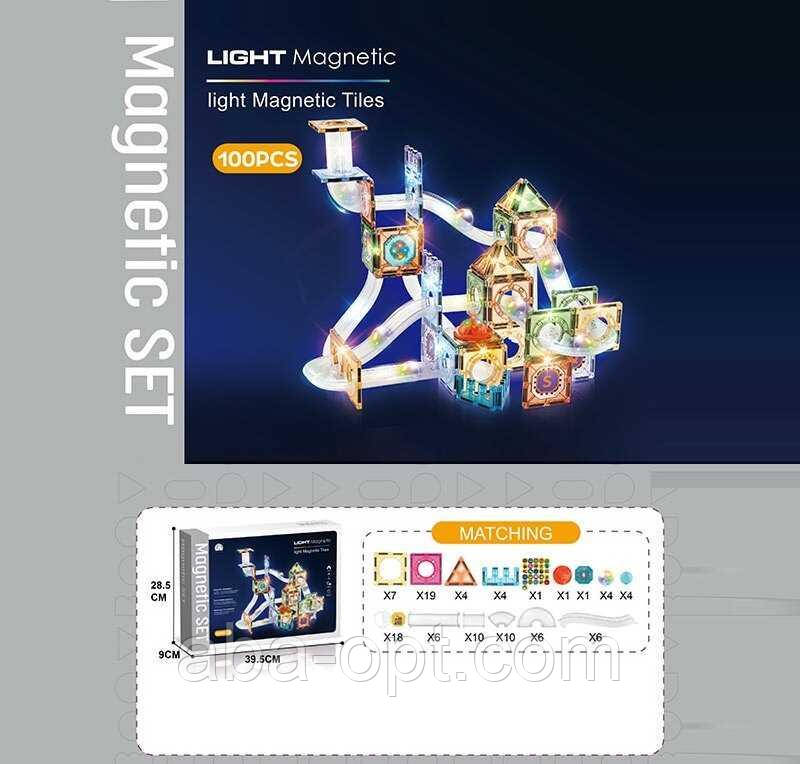 Магнітний конструктор CH 1178 (12) 100 деталей, елементи з підсвічуванням, наліпки з англійськими назвами, в коробці, фото 1