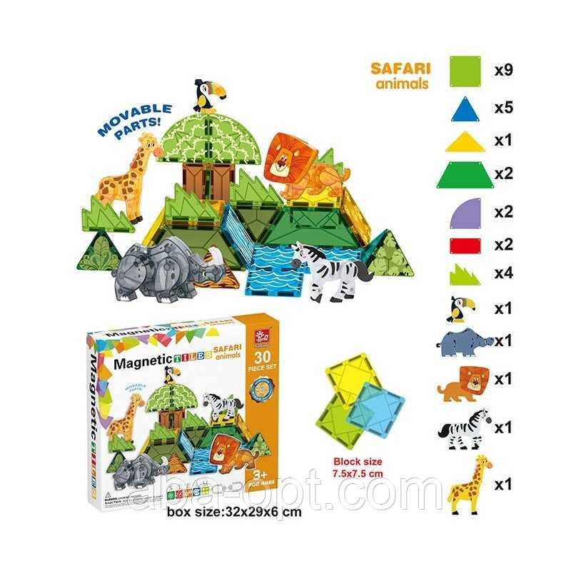 Магнітний конструктор SQ 68001-1 (16) 30 деталей, 5 об’ємних фігурок тварин, в коробці, фото 1