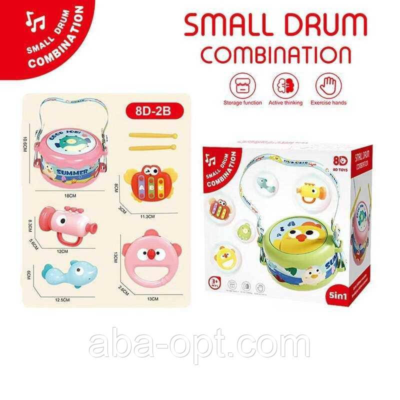 Музичні інструменти 8 D 2 A (36) барабан, бубон, маракаси-брязкальце, труба, ксилофон, барабанні палички, ремінці, гумові, фото 1