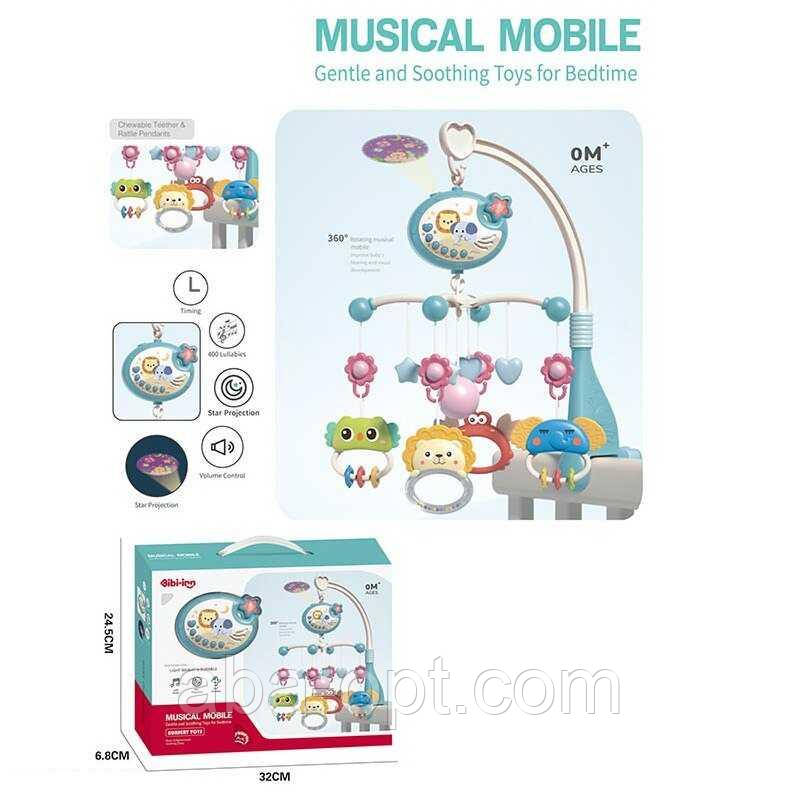 Музична карусель 648 A-66 (36/2) підсвічування, проєктор, колискові, таймер, озвучування англійською мовою, брязкальця, в коробці, фото 1
