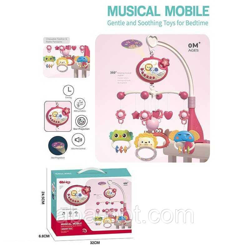 Музична карусель 648 A-67 (36/2) підсвічування, проєктор, колискові, таймер, озвучування англійською мовою, брязкальця, в коробці, фото 1