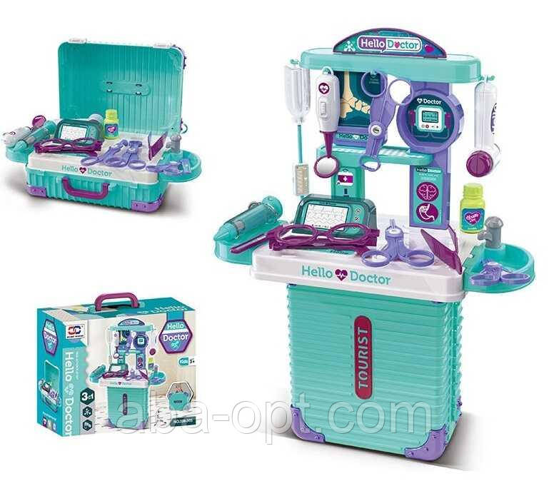 Набір лікаря 008-305 (24) валіза, монітор, дзеркало, молоточок, окуляри, ножиці, шприц, крапельниця, ліки, наліпки, в коробці, фото 1