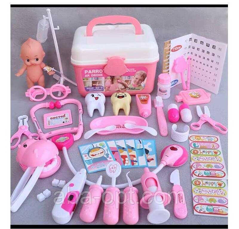 Набір лікаря HZ 611 B (36/2) на батарейках, звук, підсвітка, інструменти, окуляри, пупс, фігурка тварини, в боксі, фото 1