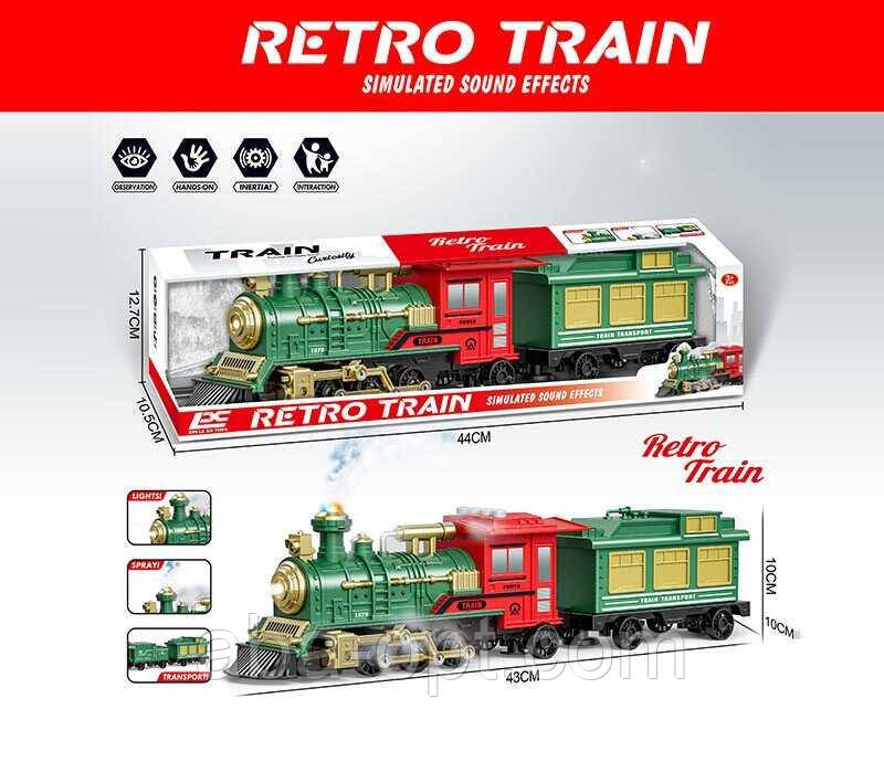 Паровоз 2183 (30) довжина - 43 см, парогенерація, звуки, інерція, підсвічування, на батарейках, 1 вагон, в коробці, фото 1