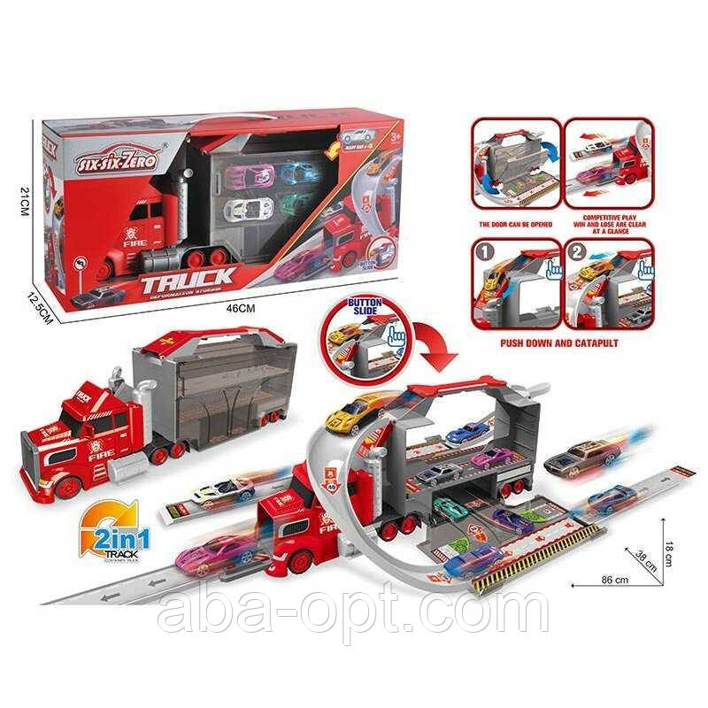 Трейлер 660 S-44 (24/2) трек, довжина треку:  86 см, механічний запускач, 4 металопластикові моделі, дорожні знаки, наліпки, в, фото 1