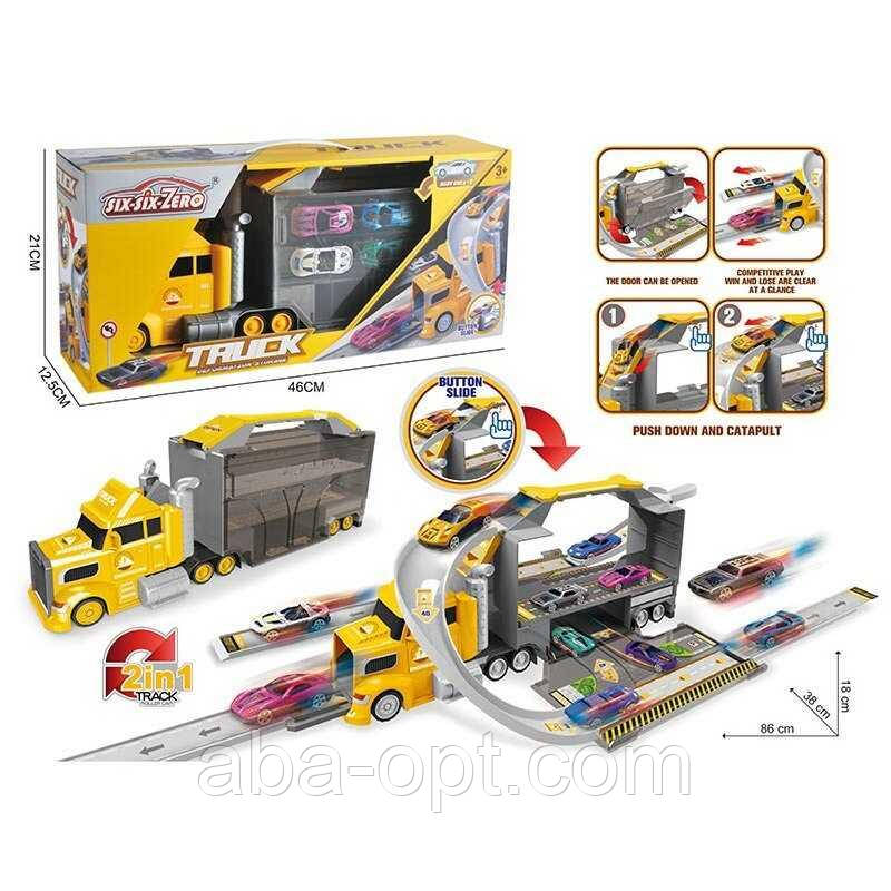 Трейлер 660 S-45 (24/2) трек, довжина треку:  86 см, механічний запускач, 4 металопластикові моделі, дорожні знаки, наліпки, в, фото 1