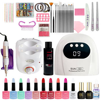 Стартовий набір для манікюру та педикюру - фрезер 65Вт 45000об, USB-лампа 48Вт, 10гель-лаків, база, топ, ремувер 100мл, розхідники