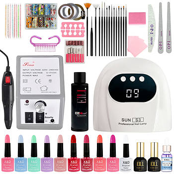 Стартовий набір для манікюру та педикюру - домашній набір для манікюру (фрезер 20000об, портативна LED лампа USB 48W, 10гель-лаків