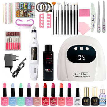 Стартовий набір для апаратного манікюру та педикюру, великий - (Фрезер-ручка, Лампа USB 48Вт, 10гель-лаків, база, топ, розхідники)