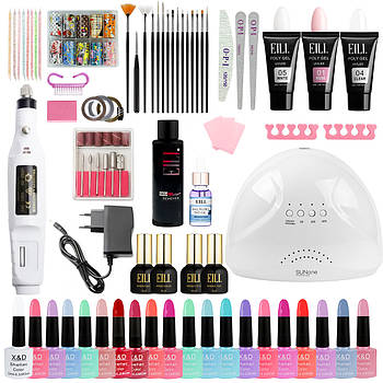 Набір для манікюру та педикюру - великий стартовий набір (Фрезер-ручка, Лампа 24/48Вт, 20гель-лаків, полігель, база, топ, ремувер)