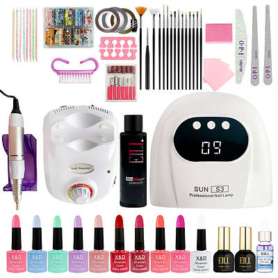 Стартовий набір для манікюру та педикюру - фрезер 65Вт 45000об, USB-лампа 48Вт, 10гель-лаків, база, топ, ремувер 100мл, розхідники