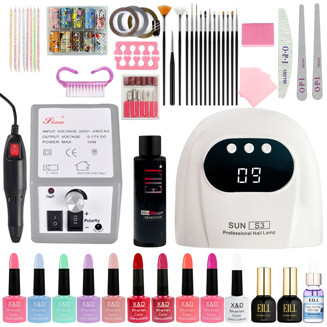 Стартовий набір для манікюру та педикюру - домашній набір для манікюру (фрезер 20000об, портативна LED лампа USB 48W, 10гель-лаків, фото 1