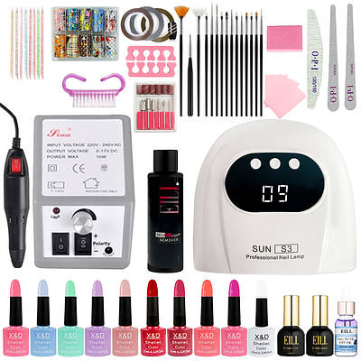 Стартовий набір для манікюру та педикюру - домашній набір для манікюру (фрезер 20000об, портативна LED лампа USB 48W, 10гель-лаків