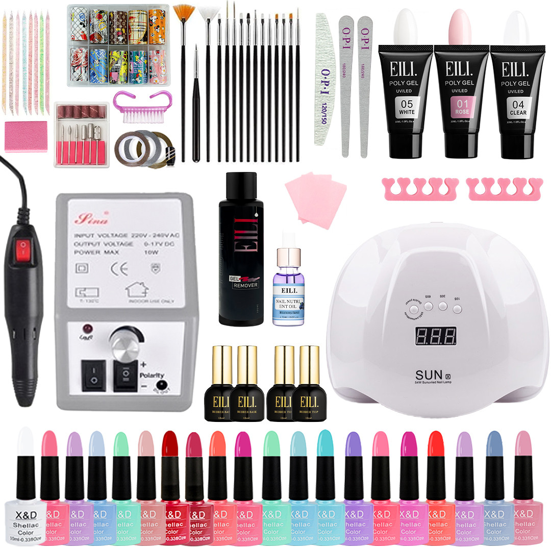 Стартовий набір для манікюру та педикюру - великий набір для манікюру (Фрезер, Лампа 54Вт, 20гель-лаків, полігель, розхідники), фото 1