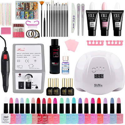 Стартовий набір для манікюру та педикюру - великий набір для манікюру (Фрезер, Лампа 54Вт, 20гель-лаків, полігель, розхідники)