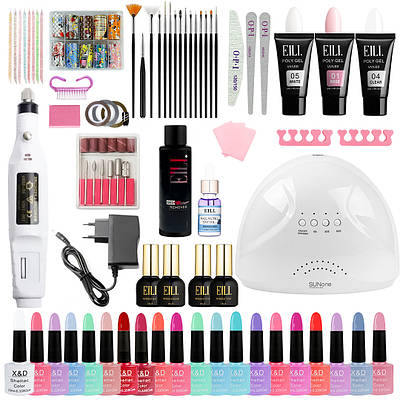 Набір для манікюру та педикюру - великий стартовий набір (Фрезер-ручка, Лампа 24/48Вт, 20гель-лаків, полігель, база, топ, ремувер)