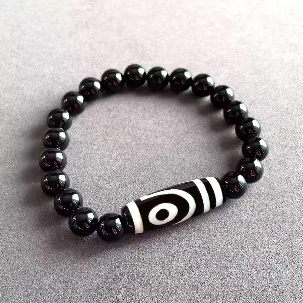 Браслет з чорного агату з намистиною Дзі 2 ока 18 см 8 мм, фото 1