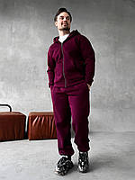 Чоловічий зимовий спортивний костюм бордовий тринитка Зіпка Штани, Утеплений костюм бордового кольору флісовий на змійці двійка