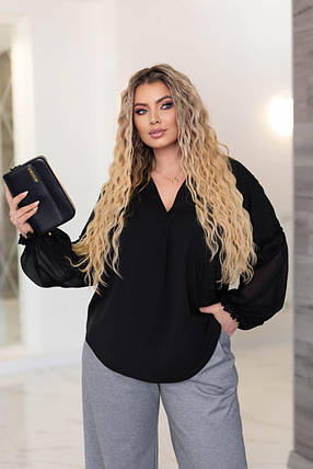 Жіноча чорна блуза з шифоновими рукавами великого розміру Розміри: 48-50, 52-54, 56-58, 60-62, фото 1