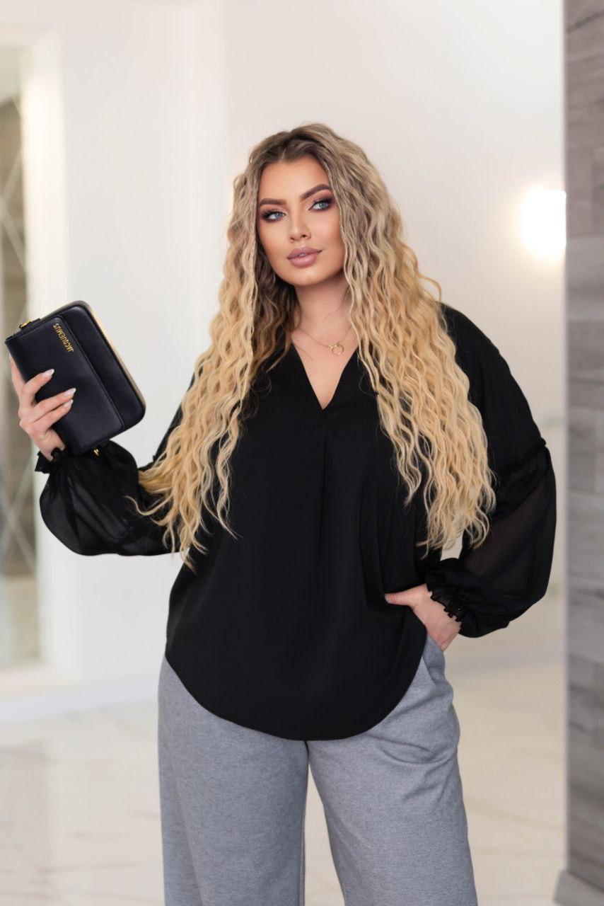 Жіноча чорна блуза з шифоновими рукавами великого розміру Розміри: 48-50, 52-54, 56-58, 60-62