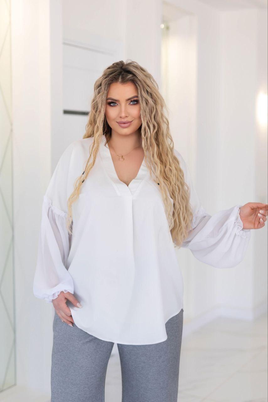 Жіноча біла блуза з шифоновими рукавами великого розміру  Розміри: 48-50, 52-54, 56-58, 60-62