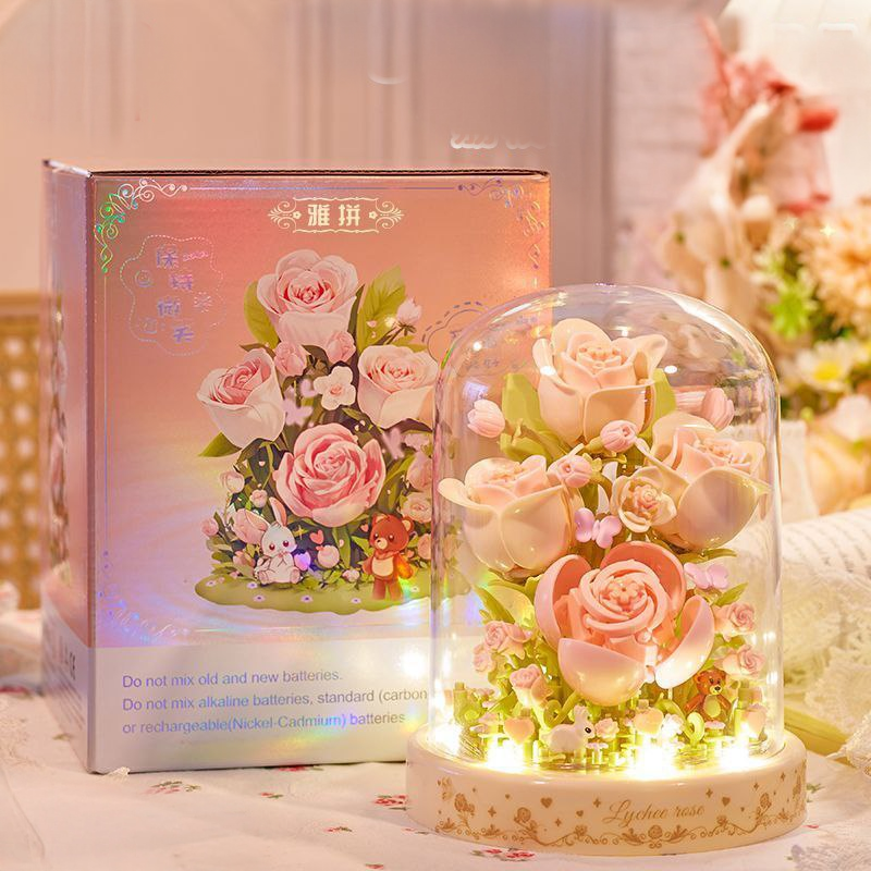 Конструктор нічник блочний дитячий з підсвіткою квітка в колбі Стопелюсткова Троянда квіти