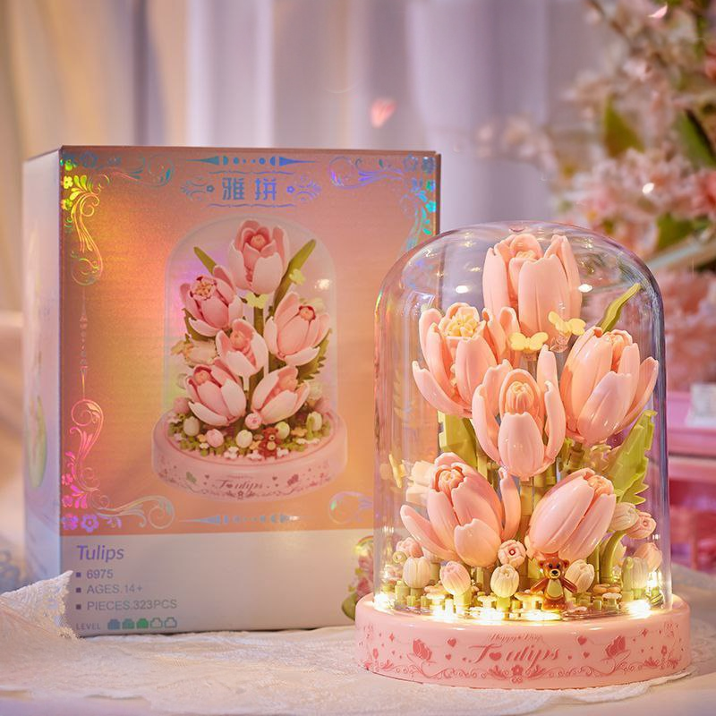 Конструктор нічник блочний дитячий з підсвіткою квітка в колбі Тюльпани квіти