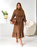 Плаття міді вельветове-сорочка з поясом і воланом, колір кавовий батал, фото 2