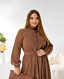 Плаття міді вельветове-сорочка з поясом і воланом, колір кавовий батал, фото 5