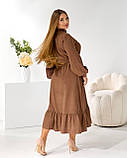 Плаття міді вельветове-сорочка з поясом і воланом, колір кавовий батал, фото 4