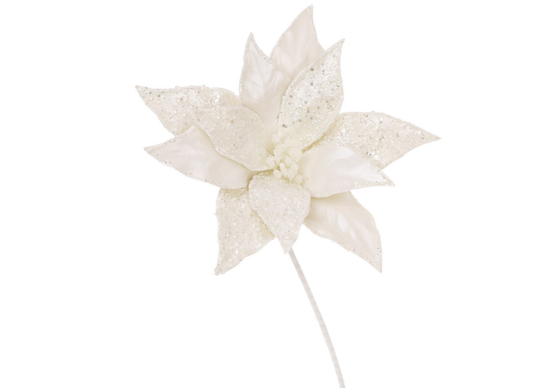 Штучна квітка Пуансетія біла з кристалами 30см, фото 1