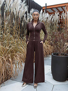 Костюм Poliit (36/S розміру) із вельветового трикотажу шоколадного кольору — брюки аладдін на затяжках, кофта на блискавці