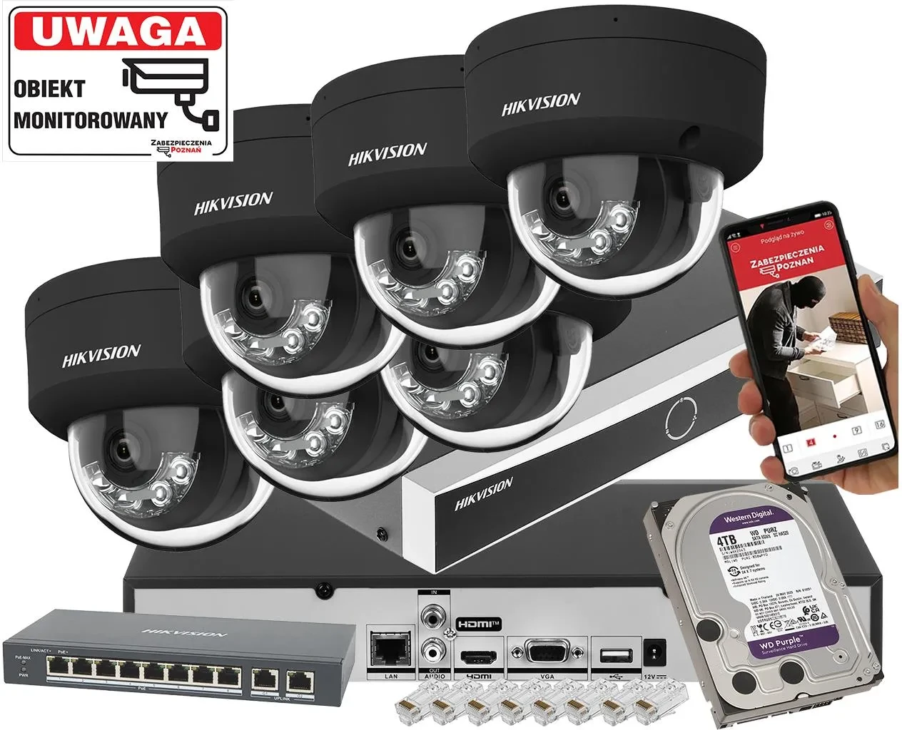 Камера відеоспостереження Hikvision Zestaw Monitoringu Ip 6X Kopułowa Ds-2Cd2163G2-Lis2U Black 6Mpx, фото 1