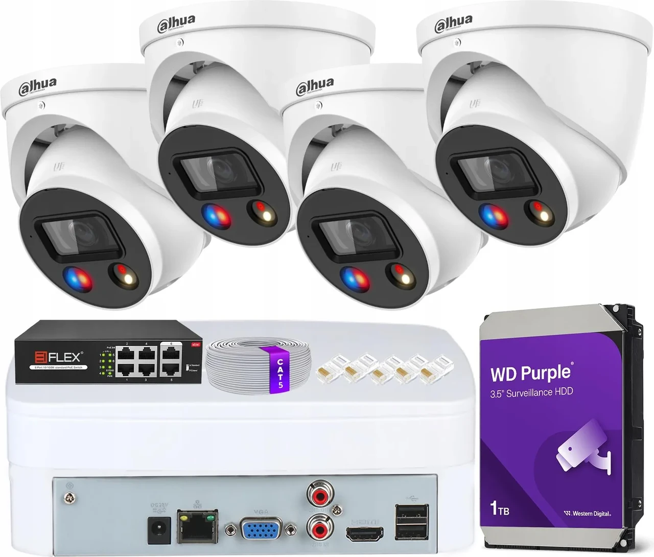 Камера відеоспостереження Dahua Zestaw Monitoringu 4 Камери Kopułkowe 5Mpx Wizsense Dual Illumination, фото 1