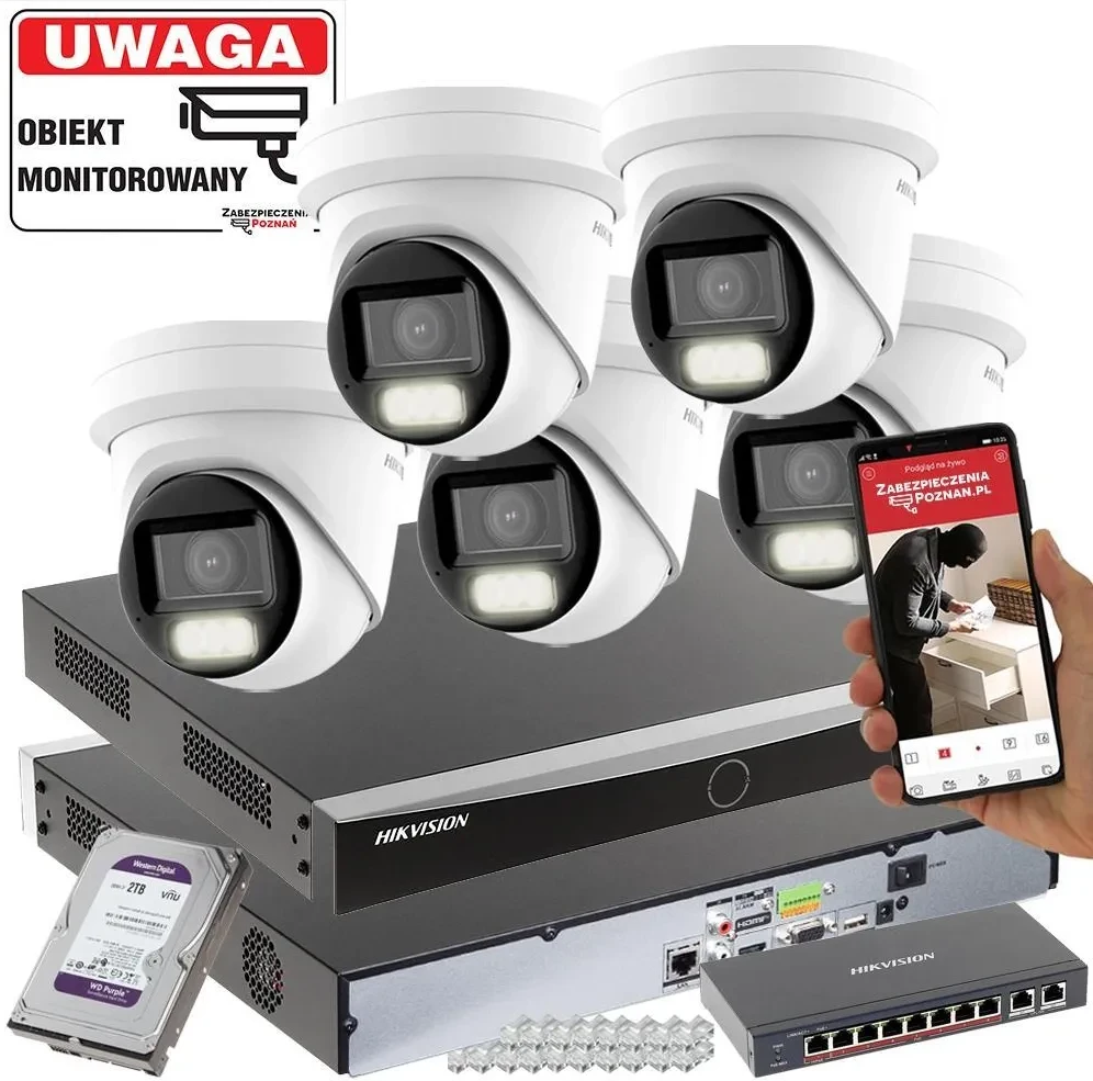 Камера відеоспостереження 5 kamer IP zestaw Hikvision DS-2CD2H43G2-LIZS2U(2.8-12mm) 4MPX MotoZoom Smart Hybrid Light Acusense, фото 1