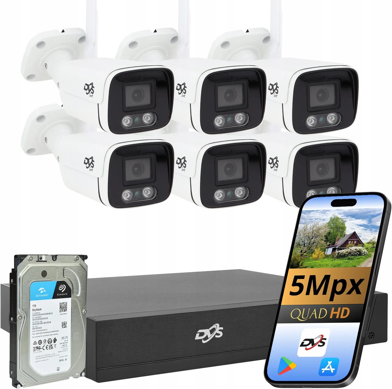 Камера відеоспостереження Dvs Zestaw Kamer Wifi 6 Bezprzewodowa Biała 5Mp Tuba Моніторинг 1Tb, фото 1