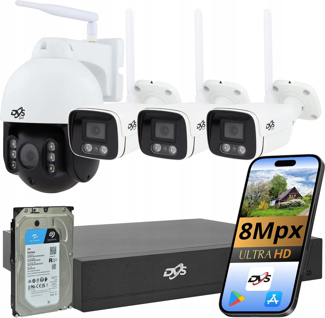 Камера відеоспостереження Dvs Zestaw Kamer Wifi 3 Камери 1 Obrotowa Зовнішні Do Monitoringu 4K 8Mpx 2Tb, фото 1