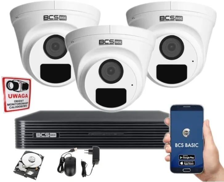 Камера відеоспостереження Bcs Моніторинг Zestaw Basic 2Mpx 3 Камери Зовнішні Aplikacja Диск 1Tb (BCSBNVR04014P203XBEIP12FR3201TB), фото 1