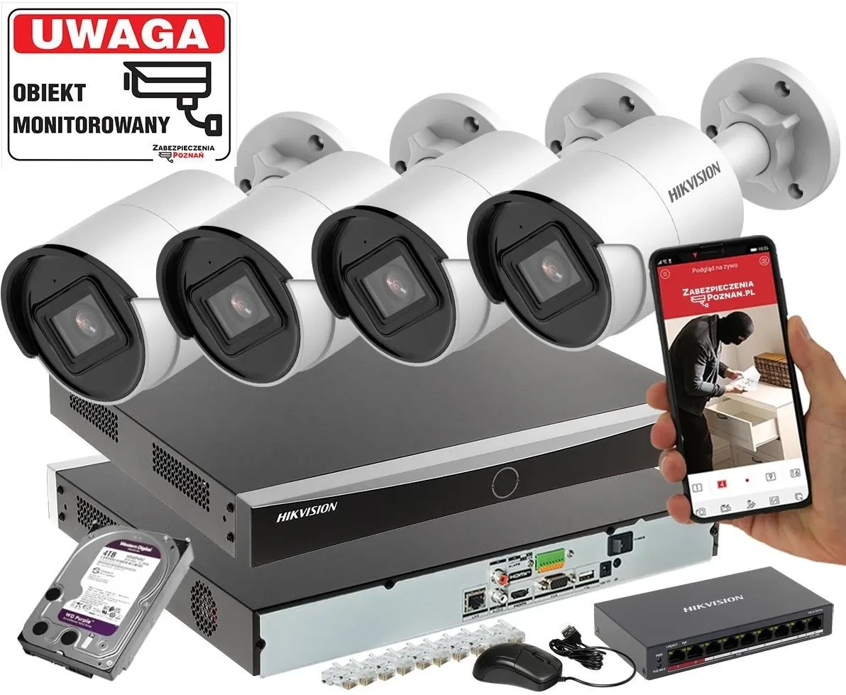 Камера відеоспостереження Hikvision Zestaw 4 Kamer Ip Ds-2Cd2083G2-I 8Mpx Pełna Analityka Acusense + Switch Poe, фото 1