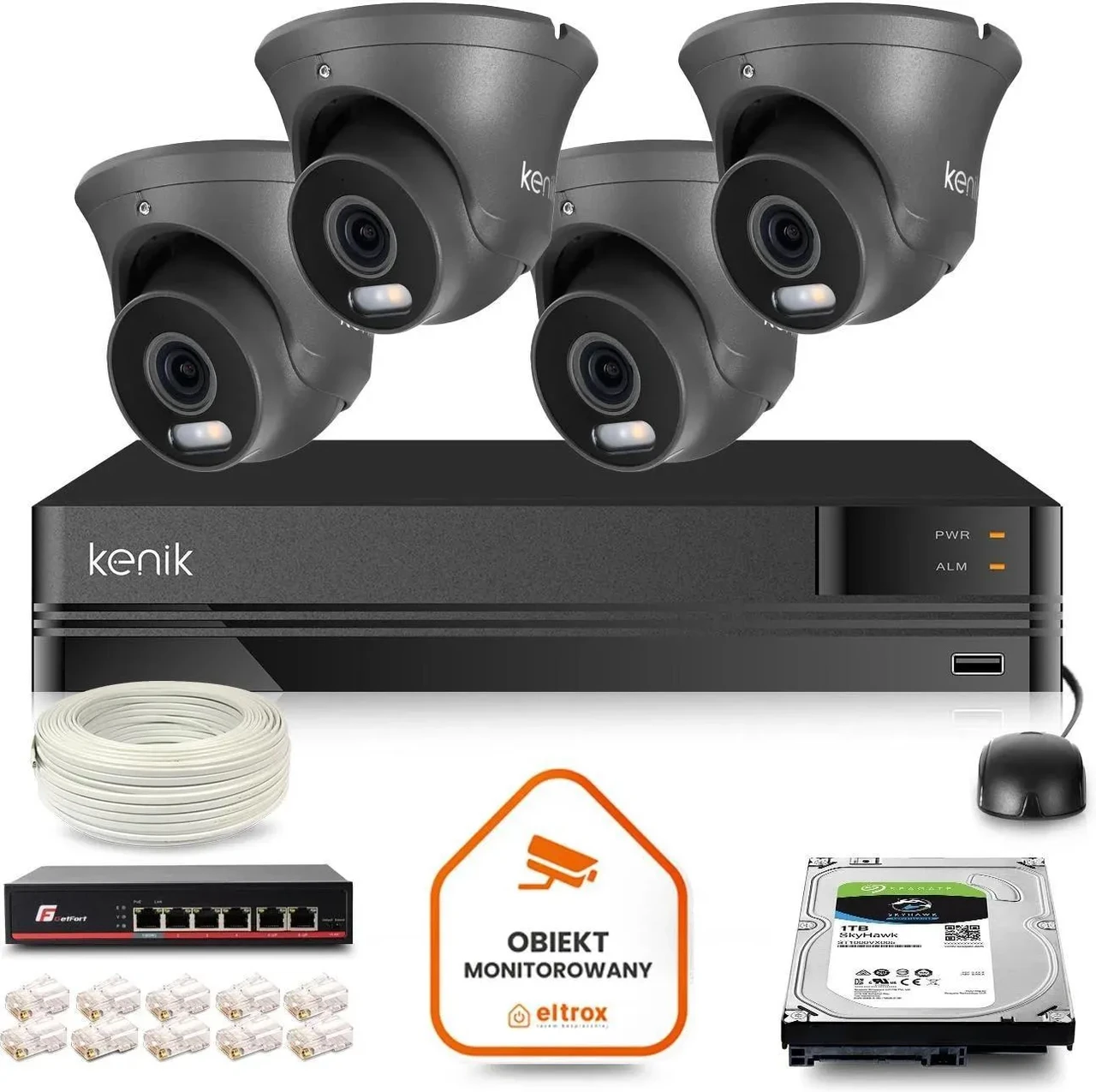 Камера відеоспостереження Zestaw monitoringu IP Kenik 4 Камери kopułkowe 5MPx Диск 1TB, фото 1