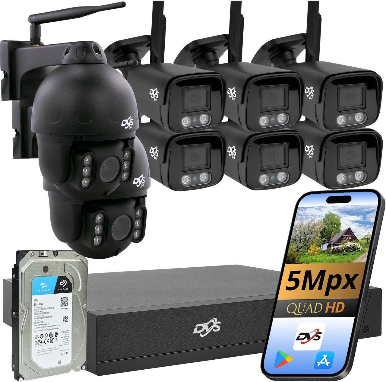 Dvs Czarny Zestaw Kamer Wifi 6 2 Обертові Камери Зовнішні Do Domu 1Tb, фото 1