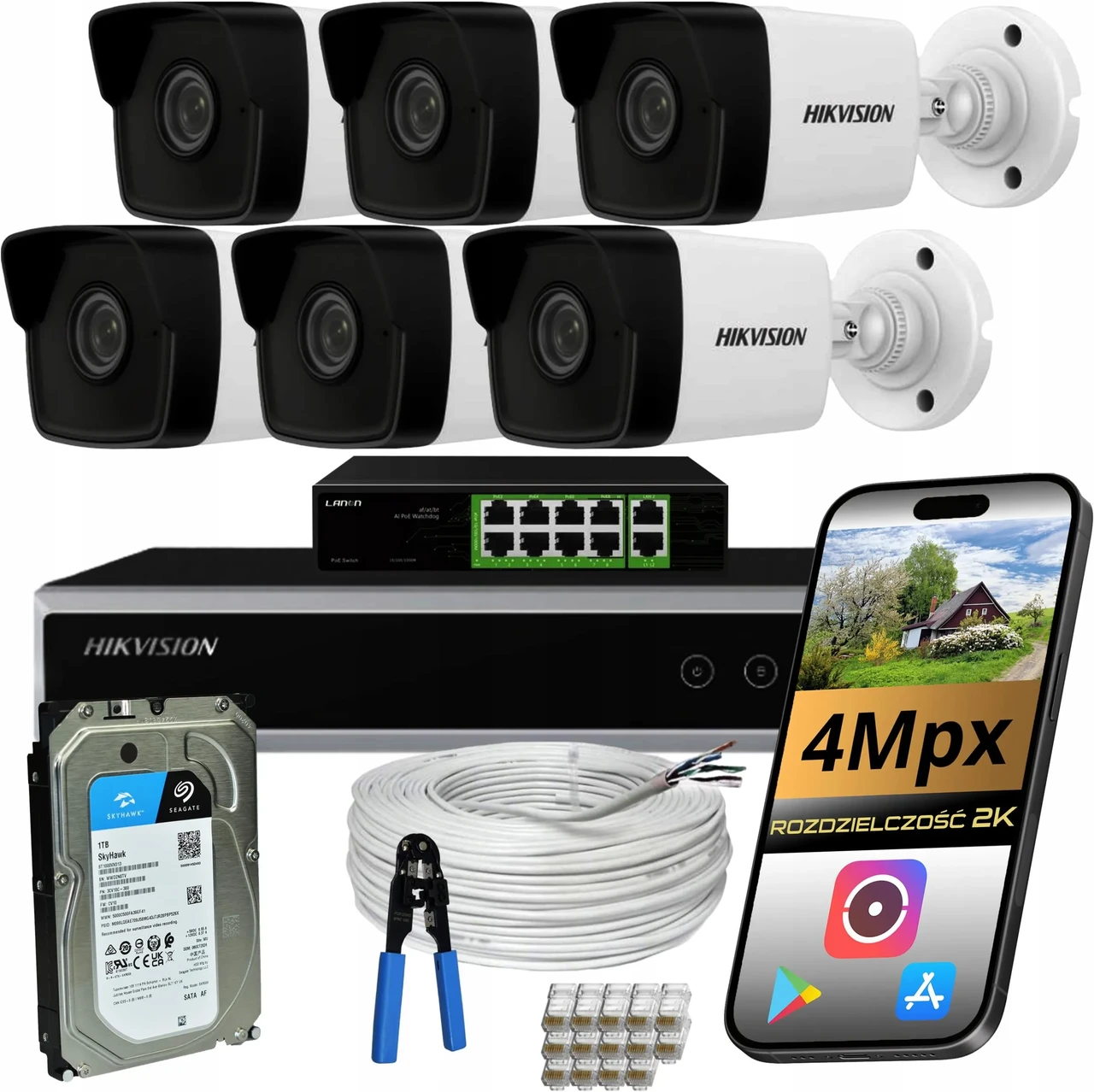 Hikvision Zestaw Kamer Do Monitoringu 6 IP-камери Poe 4Mpx Зовнішні 1Tb, фото 1