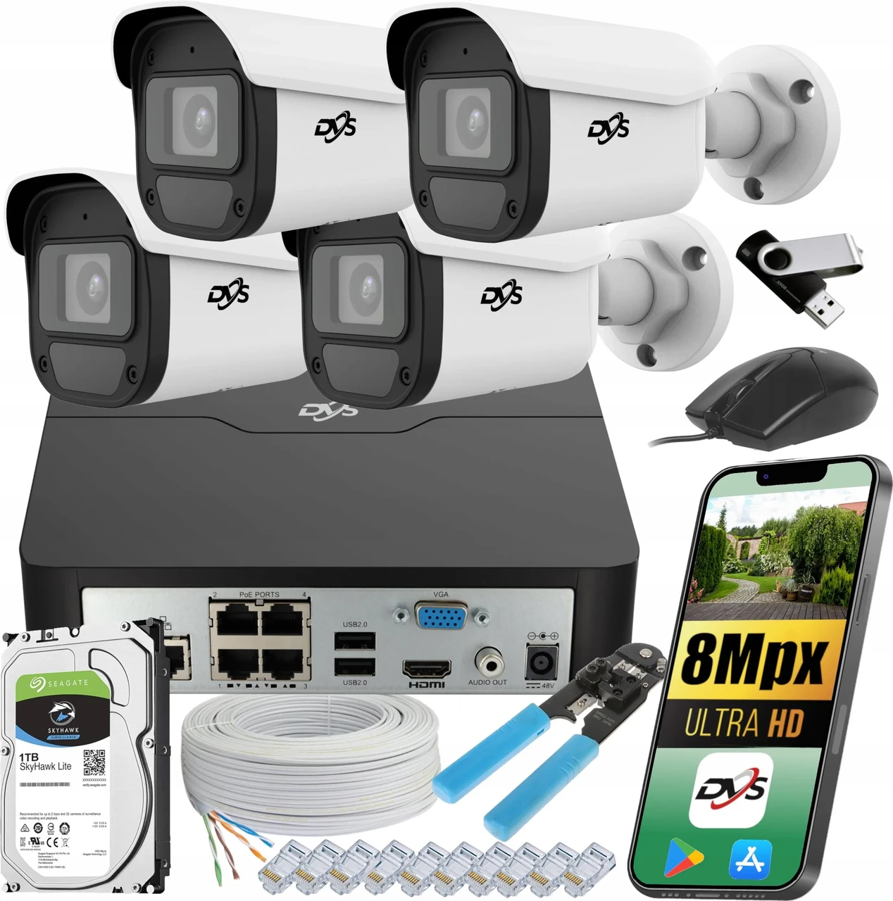 Камера відеоспостереження Dvs Zestaw Monitoringu 4 Зовнішні Камери 8Mpx Tuba Aplikacja Podgląd Диск 1Tb, фото 1