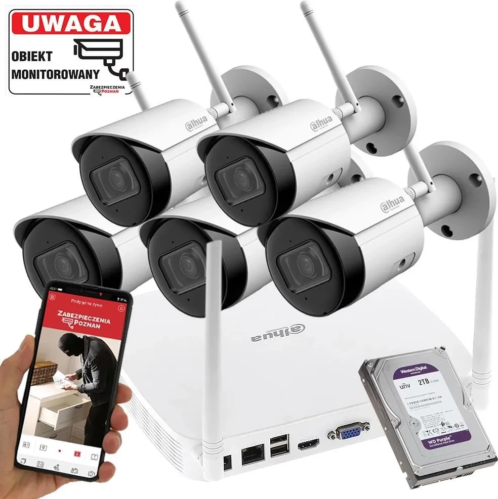 Камера відеоспостереження DAHUA Моніторинг FIRMY 5 KAMER WIFI 4MPX IPC-HFW1430DS-SAW-0280B DETEKCJA RUCHU Мікрофон APLIKACJA, фото 1