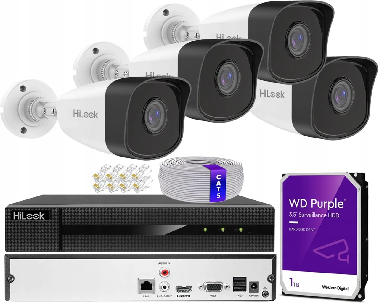 Камера відеоспостереження Hikvision Набір для відеоспостереження 5Mpx Hilook 4 Камери Poe Zewnętrzny Rejestrator, фото 1