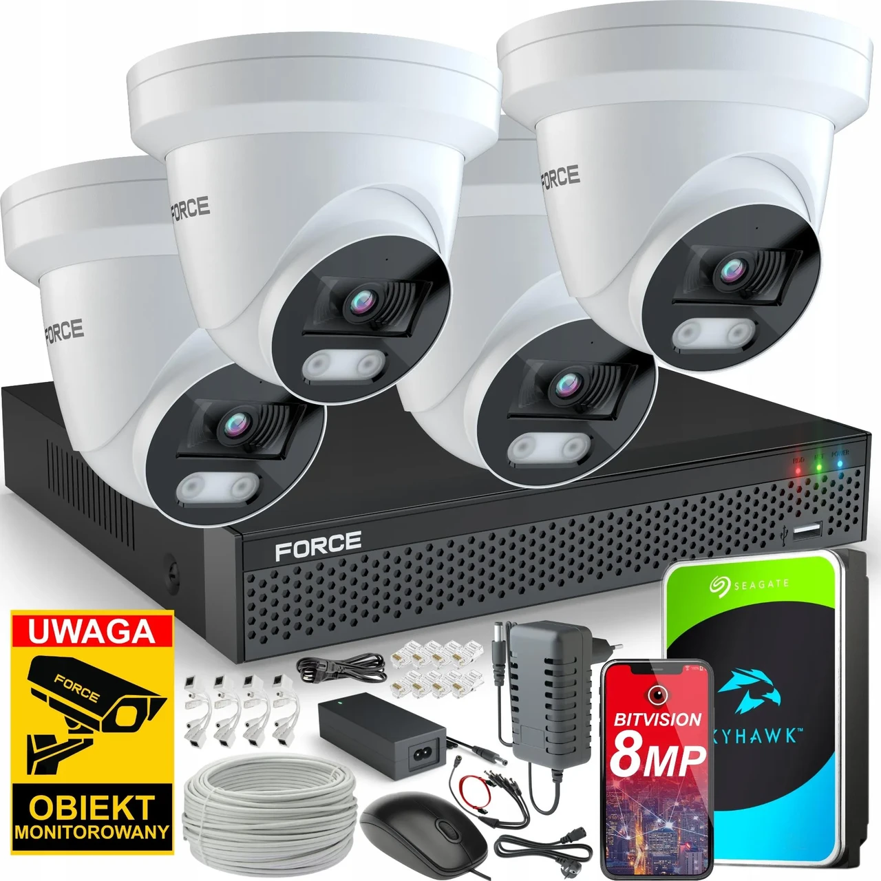 Камера відеоспостереження Force Zestaw Monitoringu 4X IP-8Mpx 4K Aplikacja Диск 1Tb, фото 1