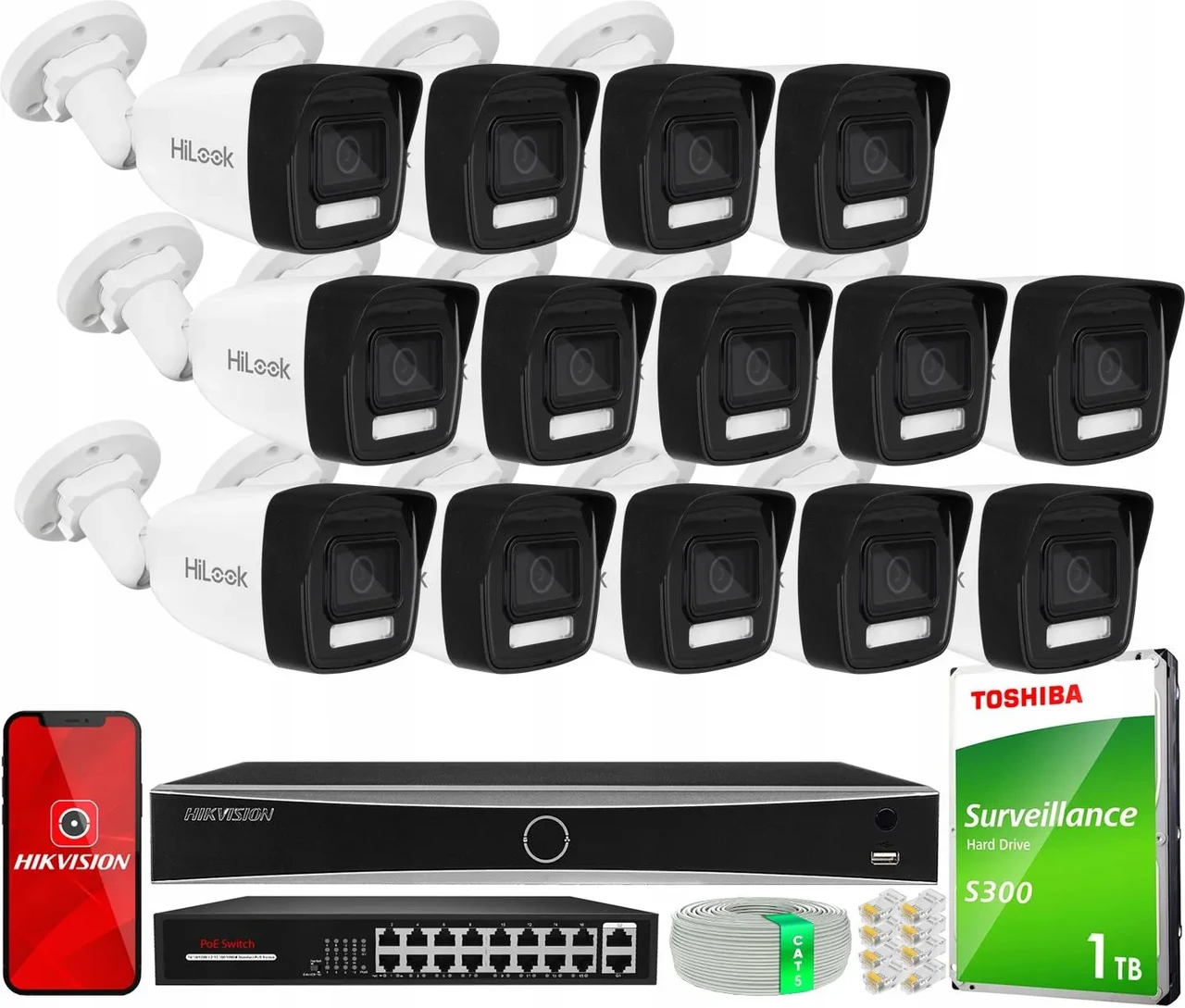 Камера відеоспостереження Hilook Zestaw Monitoringu 14 Kamer 6Mpx Zewnętrzny Ipcam-B6-30Dl Ds-7616Nxi-K2, фото 1