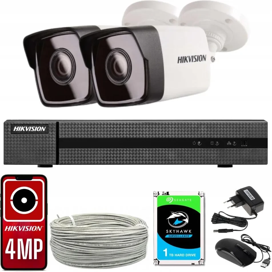 Камера відеоспостереження Hikvision Zestaw 2 Камери 4Mp Rejestrator Диск, фото 1
