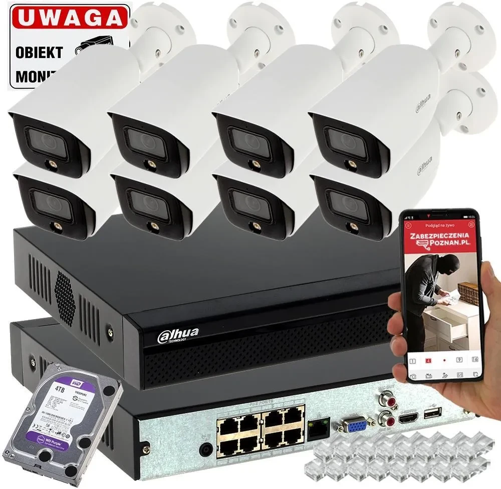 Камера відеоспостереження Dahua Zestaw Monitoringu Ip Firmy 8 Kamer 5Mpx Kolorowy Obraz W Nocy, Filtrowanie Fałszywych Alarmów, фото 1