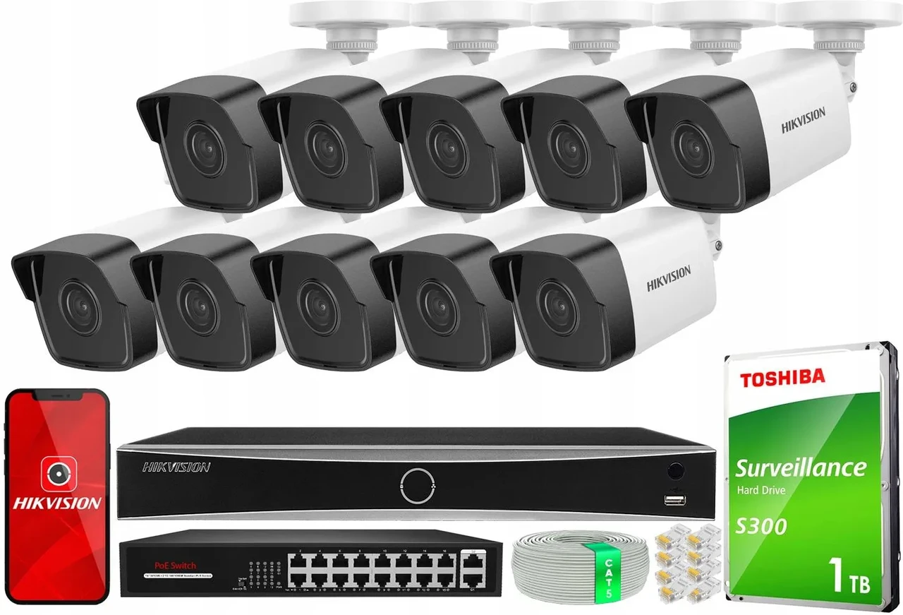 Hikvision Zestaw Monitoringu 10X Камера 4Mpx Зовнішня Poe Ir30 Apliakacja, фото 1